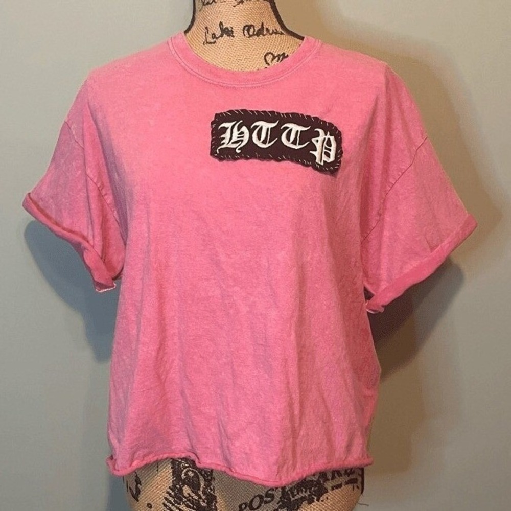 Handmade Upcycled Streetwear Y2K Rocker Patchwork Handsewn HTTP Crop Tee Pink XL
